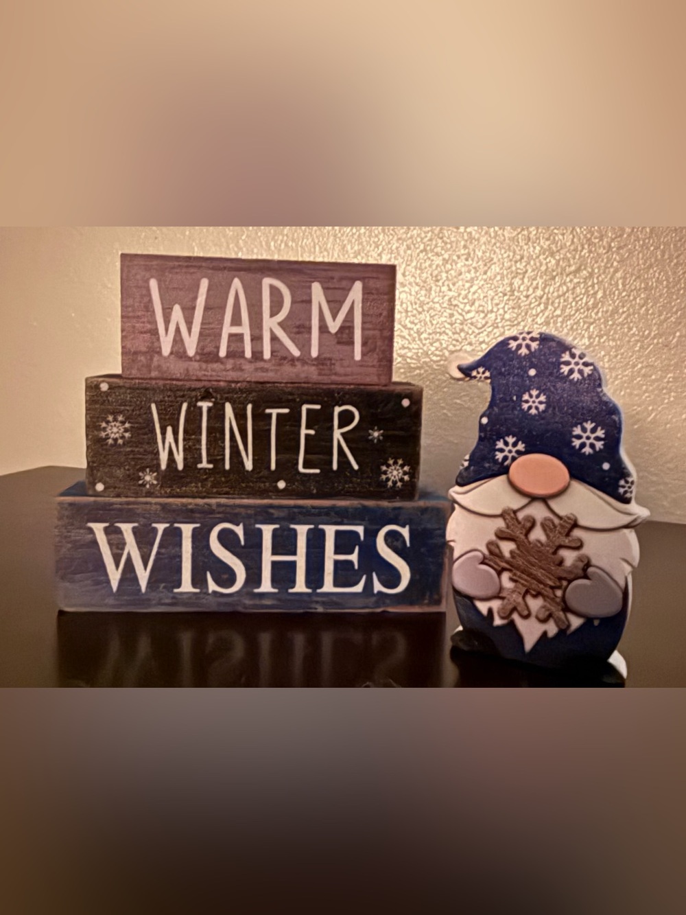 Mini Winter Gnome Wooden Block Sign Set Warm Winter Wishes Tiered Tray Decor - Picture 2 of 2